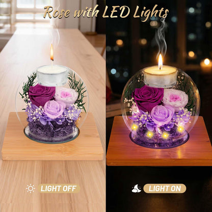 ENERLEAF Preserved Purple Real Rose in Glass with Scented Candles – Forever Flower Romantic Anniversary Christmas Birthday Valentines for Mom, Women, Wife, Girlfriend, Her, Grandma