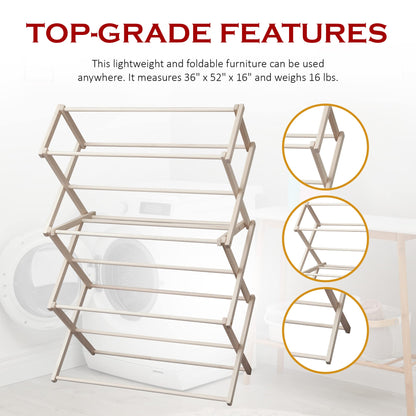 Peaceful Classics Wooden Laundry Rack - Amish Handmade Wooden Clothes Drying Rack - Foldable Drying Rack for Towel, Blanket, Linen Household Essentials - for Indoor Or Outdoor Use (52" x 36" x 16")