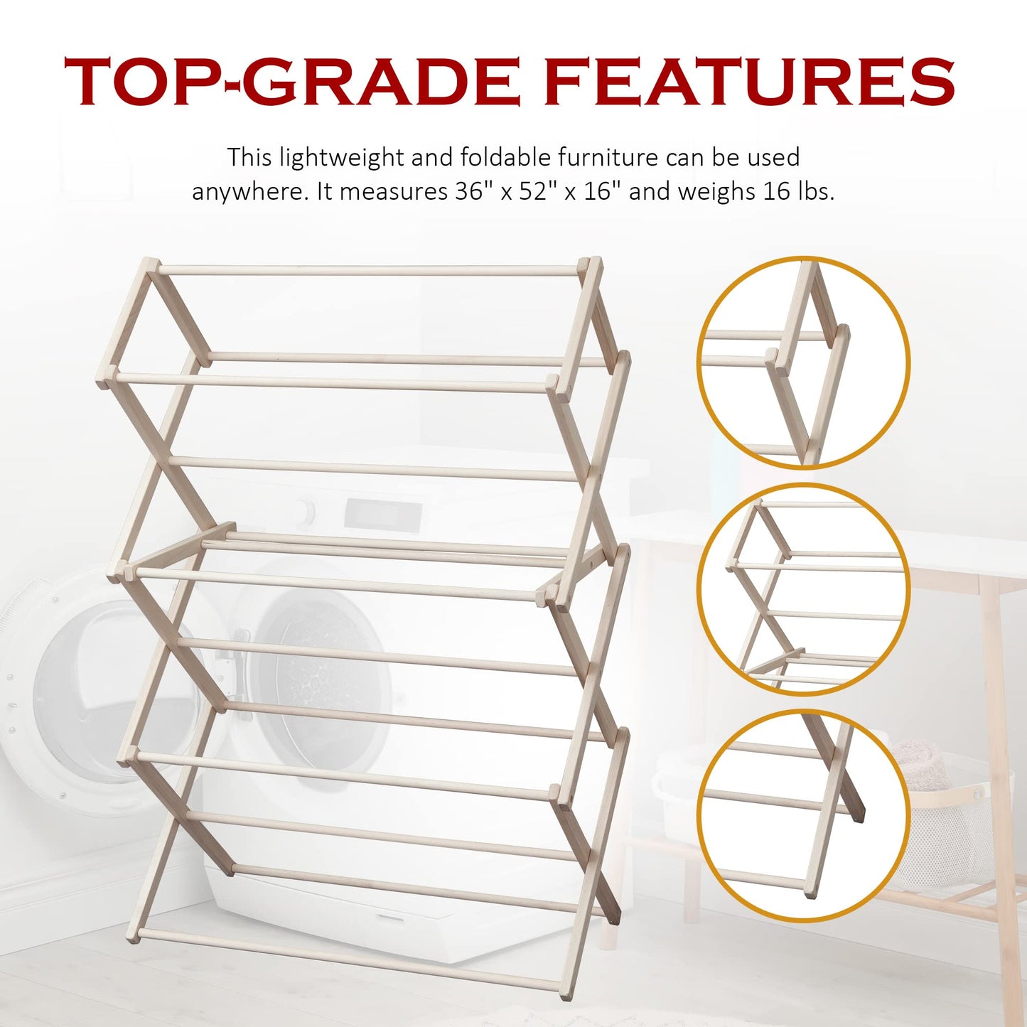 Peaceful Classics Wooden Laundry Rack - Amish Handmade Wooden Clothes Drying Rack - Foldable Drying Rack for Towel, Blanket, Linen Household Essentials - for Indoor Or Outdoor Use (52" x 36" x 16")