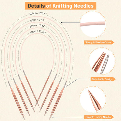 Aeelike Interchangeable Knitting Needles Set, Strictly Inspected 13 Pairs Aluminum Circular Knitting Needles (3.0-10.0mm) with 4 Flexible Cords for Blankets and Small Projects, Ideal Kninting Gift