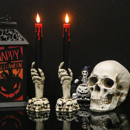 Wondise Halloween Flameless Taper Candles with Remote and Timer, Black Battery Operated Dripping Wax LED Flickering Candles with Skeleton Hand Holders for Halloween Decoration(2 Pack, 3” x 12”)