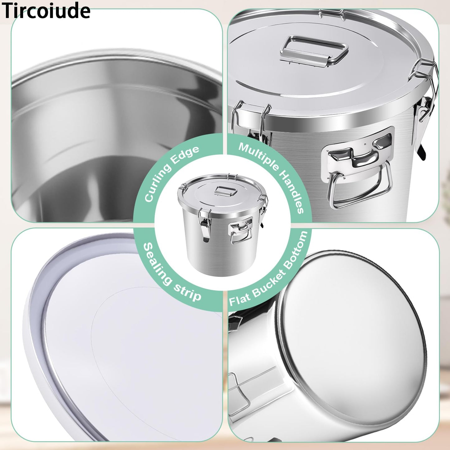 Tircoiude 304 Stainless Steel Flour Canister, 12.7 Gal Airtight Metal Canisters with Lids, Dog Food Storage Container for Rice, Bird Seed, Commercial Milk Storage 48L