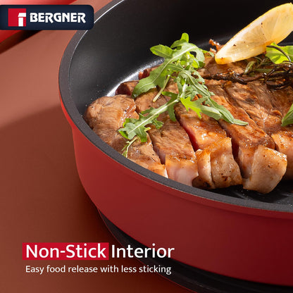 Bergner 11-Piece Non-Stick Cookware Set with Detachable Handles - Stackable Die-Cast Aluminum Pots and Pans Set, Induction & Oven Safe, Space-Saving Kitchen Set, Red