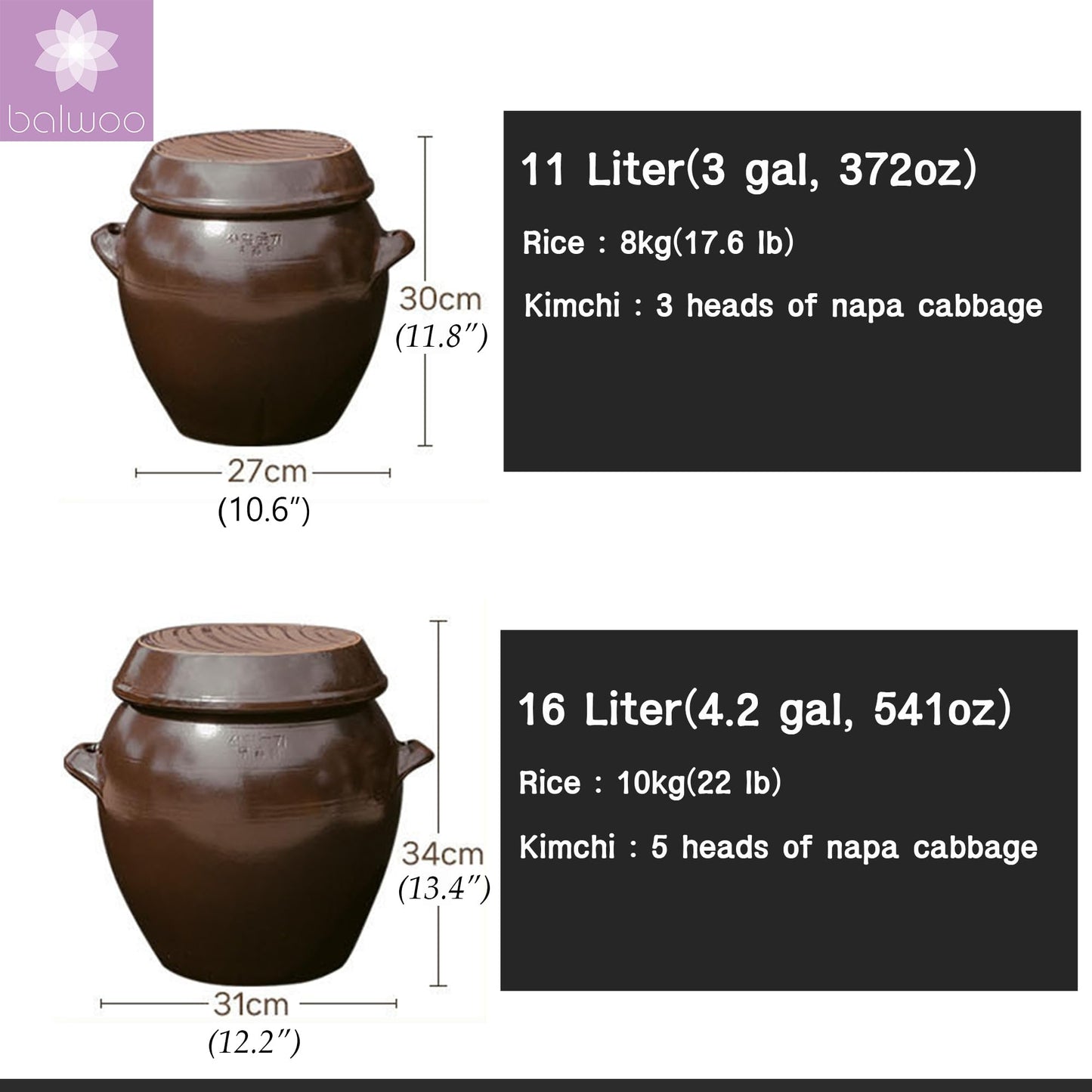 BALWOO 16 Liter(4.2 gal) Onggi Korean Traditional Clay Jar Ceramic Canister/Handmade Food Storage Container/Breathing Clay Pot Kimchi Fermentation Crock/Grain Rice Container