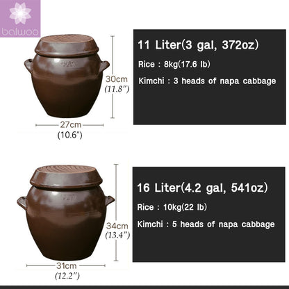 BALWOO 16 Liter(4.2 gal) Onggi Korean Traditional Clay Jar Ceramic Canister/Handmade Food Storage Container/Breathing Clay Pot Kimchi Fermentation Crock/Grain Rice Container