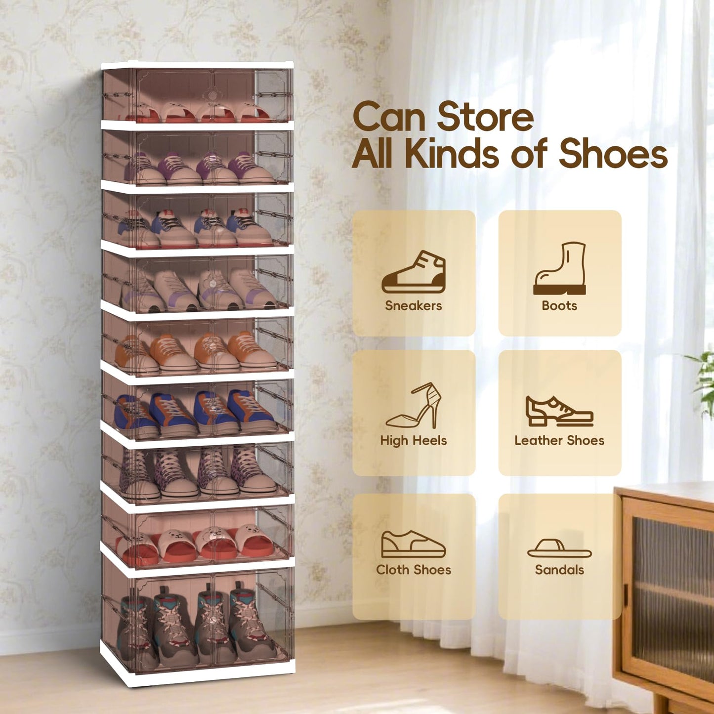 Dollate Foldable Shoe Rack with Clear Magnetic Doors,Portable Shoe Organizer Storage Cabinet on Wheels No Assembly,Large Sneaker Cabinet Bins for Living Room, Cloakroom, Entryway