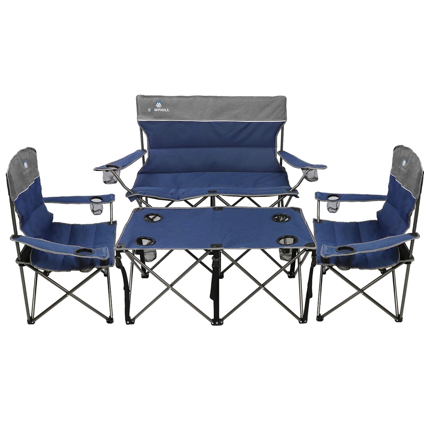 CAMPHILL Camping Chair Set of 4, Outdoor Folding Camping Chairs with Table Heavy Duty Lawn Chair with Cup Holder,Collapsible Chair Include One Sofa Chair and Two Single Chairs and Camping Table