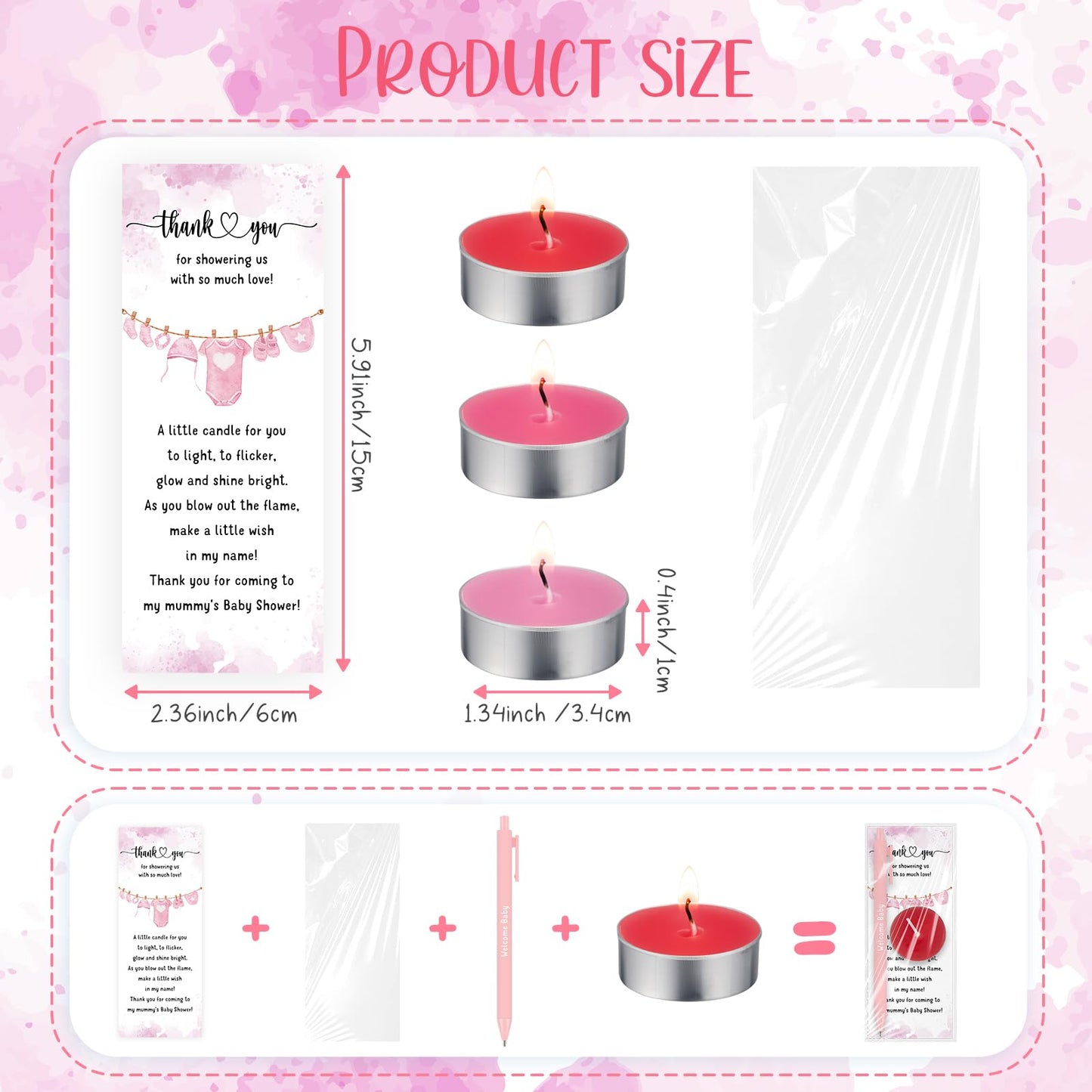 Spakon 60 Sets Baby Shower Favors for Guests Include Unscented Tealight Candles Multicolor Ballpoint Pen Thank You Card Opp Bags Gender Reveal Gifts for Baby Shower Game Prizes (Pink,Girl)
