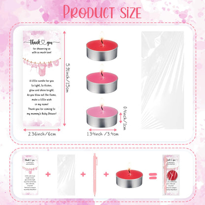 Spakon 60 Sets Baby Shower Favors for Guests Include Unscented Tealight Candles Multicolor Ballpoint Pen Thank You Card Opp Bags Gender Reveal Gifts for Baby Shower Game Prizes (Pink,Girl)