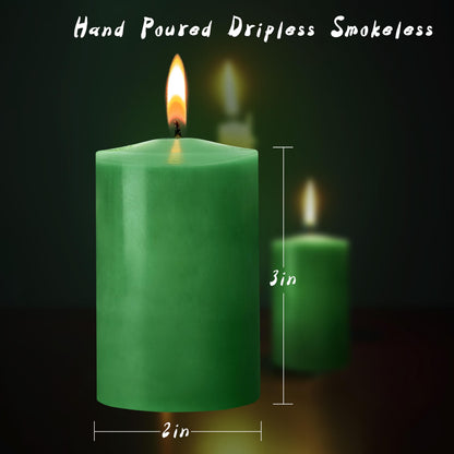 12 Pack 2x3 Hand Poured Dripless Pillar Candles, Green Soy Candles