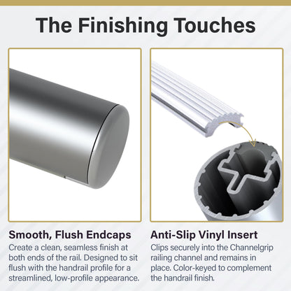 Promenaid - 3ft Flush Handrail Kit Sliver Finish Complete Indoor/Outdoor Handrail for Stairs with ADA Wall Return Kit Flush Endcap Replacement
