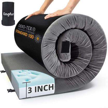 Kingfun 3 Inch CertiPUR-US Memory Foam Camping Mattress Pad, Waterproof Roll up Sleeping Pad, Thick Floor Sleeping Mats for Tent with Removable Travel Bag(Grey, Twin XL)
