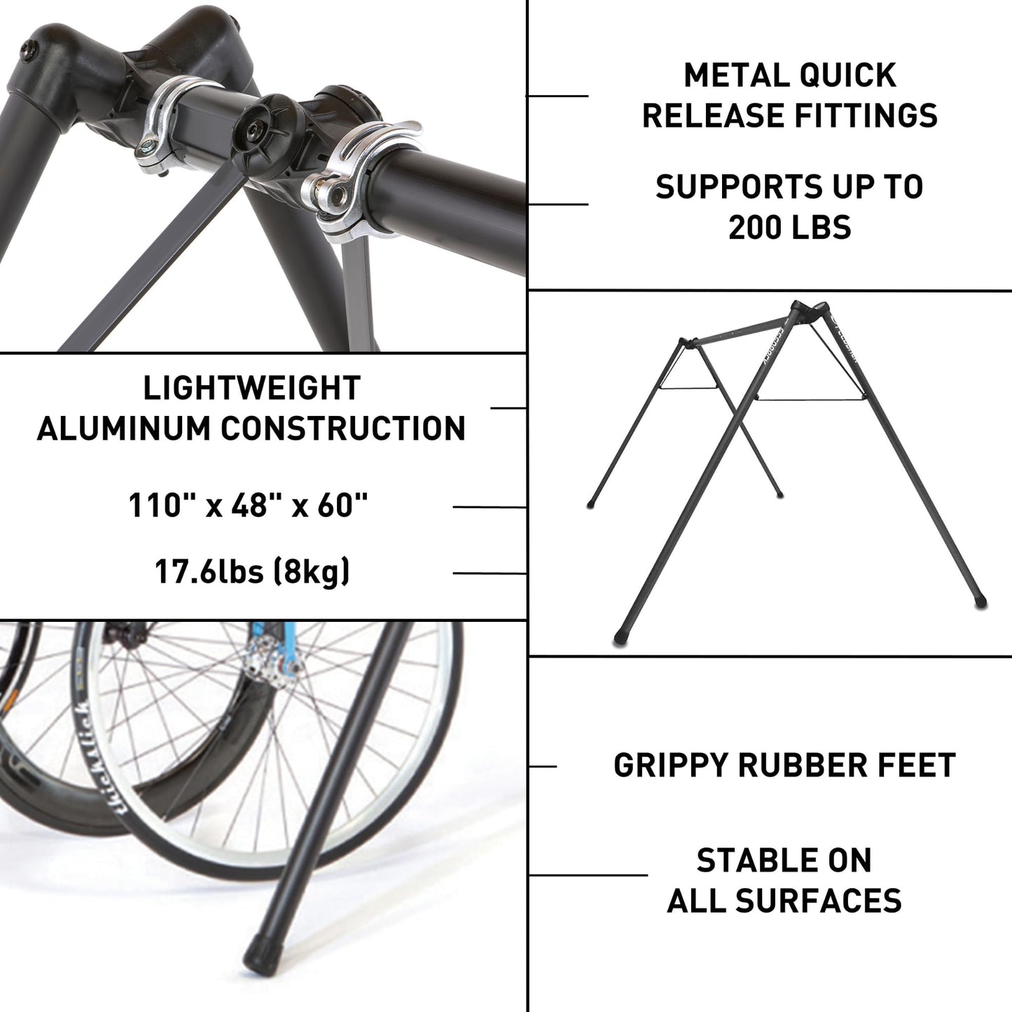 Feedback Sports | A-Frame Portable Bike Storage Rack with Travel Bag | Lightweight Collapsible Aluminum | Bicycle Hanger up to 8 Bikes | For Events | Black