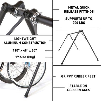 Feedback Sports | A-Frame Portable Bike Storage Rack with Travel Bag | Lightweight Collapsible Aluminum | Bicycle Hanger up to 8 Bikes | For Events | Black