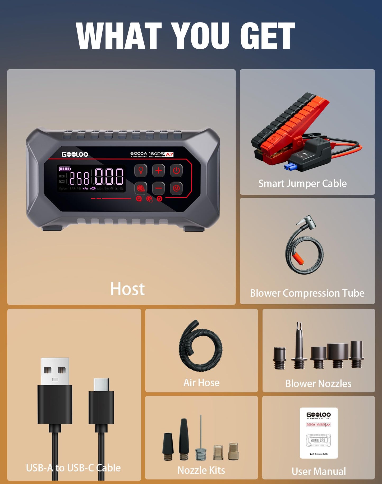 GOOLOO A7 Jump Starter with Air Compressor, 6000A &160PSI 12V Car Battery Jumper Starter Portable Booster Pack, Supersafe Jump Box (All Gas & 10L Disel) with Tire Inflator & Air Pump(Inflate& Deflate)