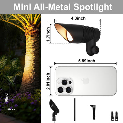ZestPatio Mini Landscape Spotlights Low Voltage, 16'' Tall Pole, 5CCT 5W 12V LED Landscape Spot Lights Wired for Outdoor Palm Tree House Yard Flag Pathway Path Sidewalk, 60° Beam Angle, Black, 6PK