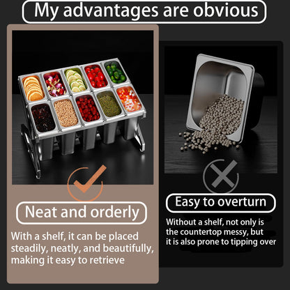 SHPii Two Tier Adjustable Stainless Steel Spice Organizer Set of 10 Pots with Spoons Commercial Kitchen Spice Rack Sauce Rack Buffet Counter Milk Tea Shop Multifunctional Shelf (Double Slant)