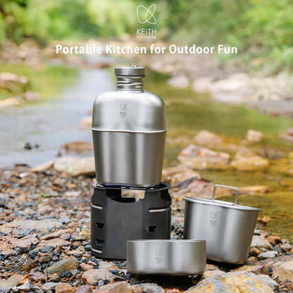 KEITH Titanium Ti3061 Canteen Mess Kit with Stove 1100 ml Titanium Kettle Wood Stove 700 ml Camping Pot with Folding Handle 350 ml Tactical Mug Storage Bag Suitable for Hiking and Mountaineering