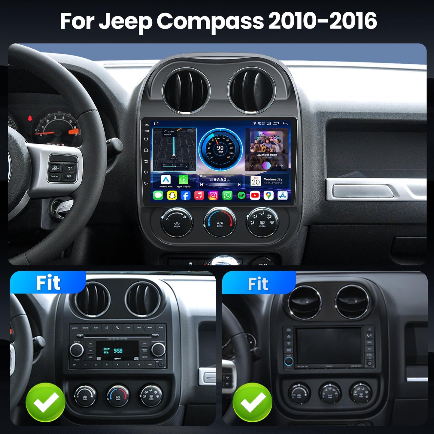 [8core] Car Radio Stereo for Jeep Compass Patriot 2010-2016: 10inch 1280 * 800HD Touch Screen Head Unit Replacement AM FM RDS CarPlay Android Auto 5GWiFi Bluetooth5.0 1080P Backup Camera SWC GPS