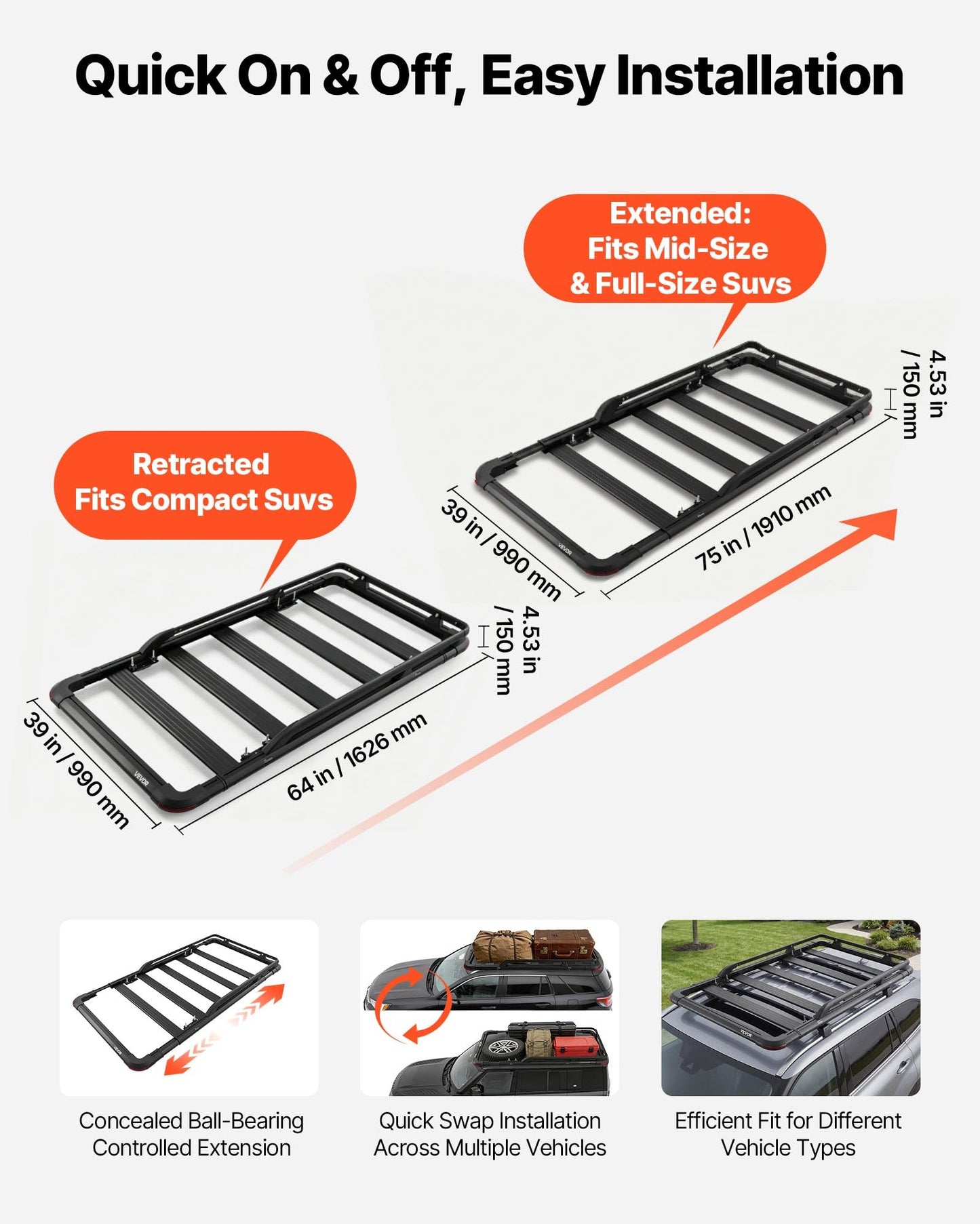 VEVOR Roof Rack Cargo Basket, 64 x 39 x 4.53 in, Heavy Duty Roof Top Carrier Basket with Extension, 200 lbs Capacity, All-Weather Car Top Luggage Holder, Universal Fit for SUVs Trucks Vehicles Pickups