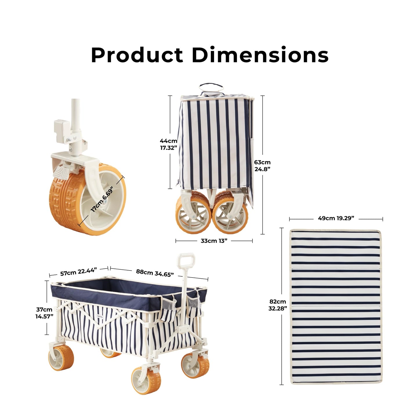 DEER LAND Beach Wagon for Sand with 6.7" Fat Tires, Foldable Beach Cart for Beach & Camping, Large Capacity Easy-Pull Wagon, Heritage Navy Stripe