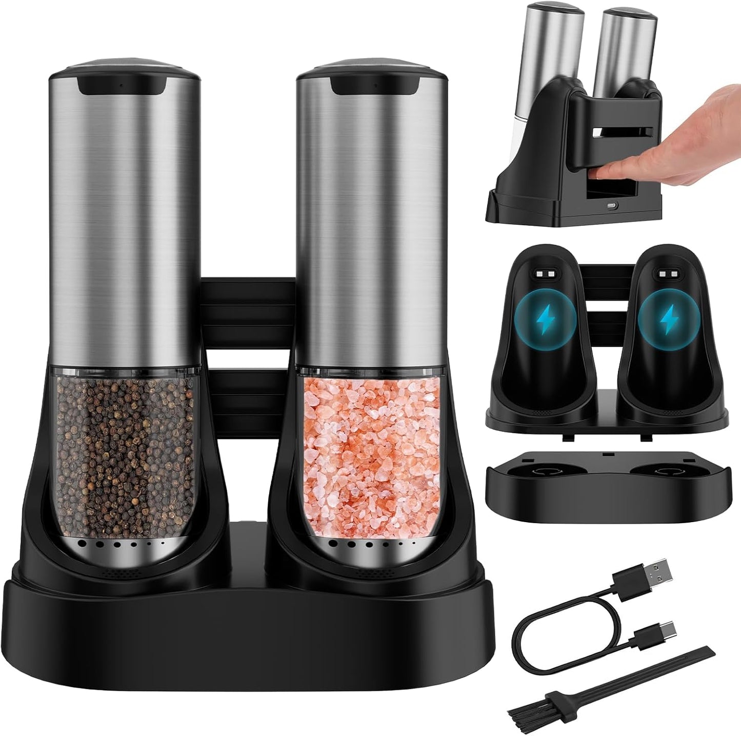 Skiennix Electric Salt and Pepper Grinder Set - Type-C Fast Charging, Adjustable Coarseness, Stainless Steel | LED Light