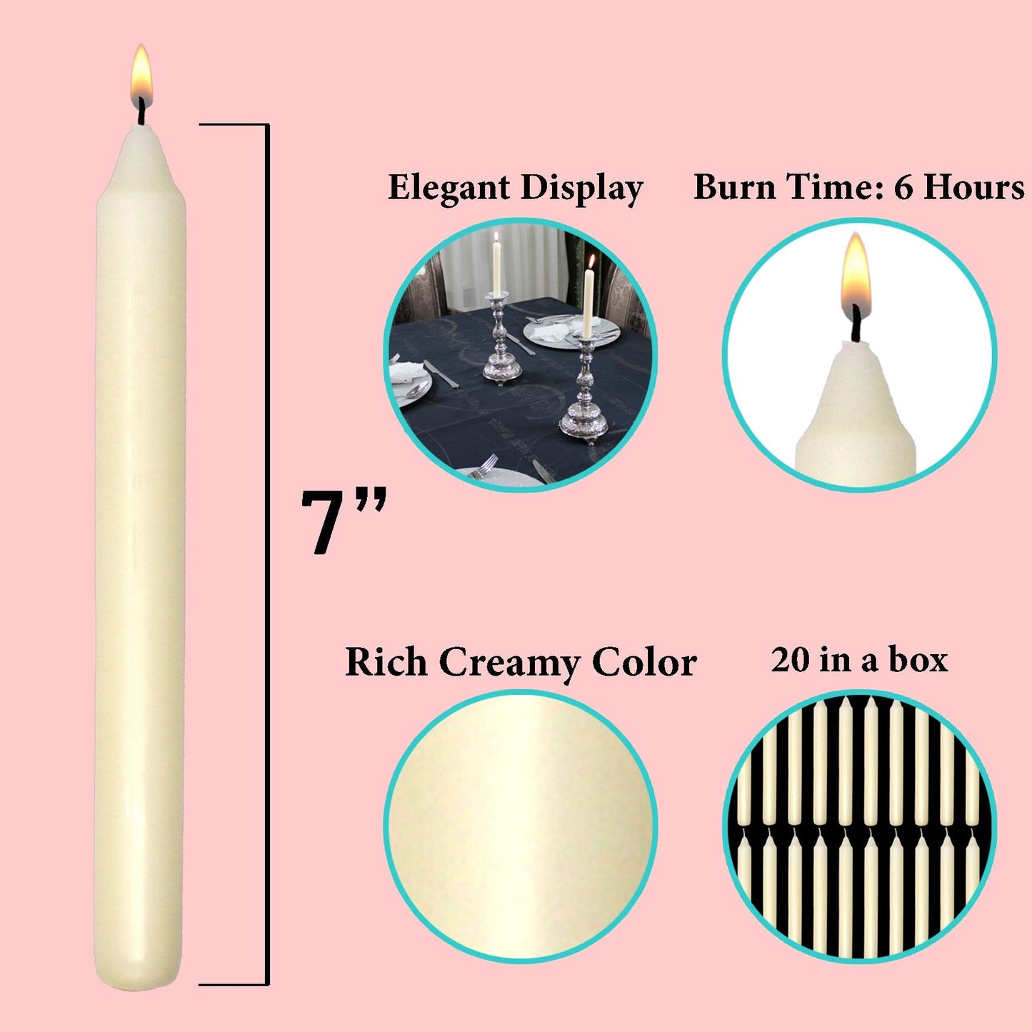 7 Inch Ivory Taper Candles 6 Hour Burning Candle Decorate Your Dinner Wedding Table Dripless and Smokeless Candle Unscented Fits Most candlesticks -20 Pack Household Candles