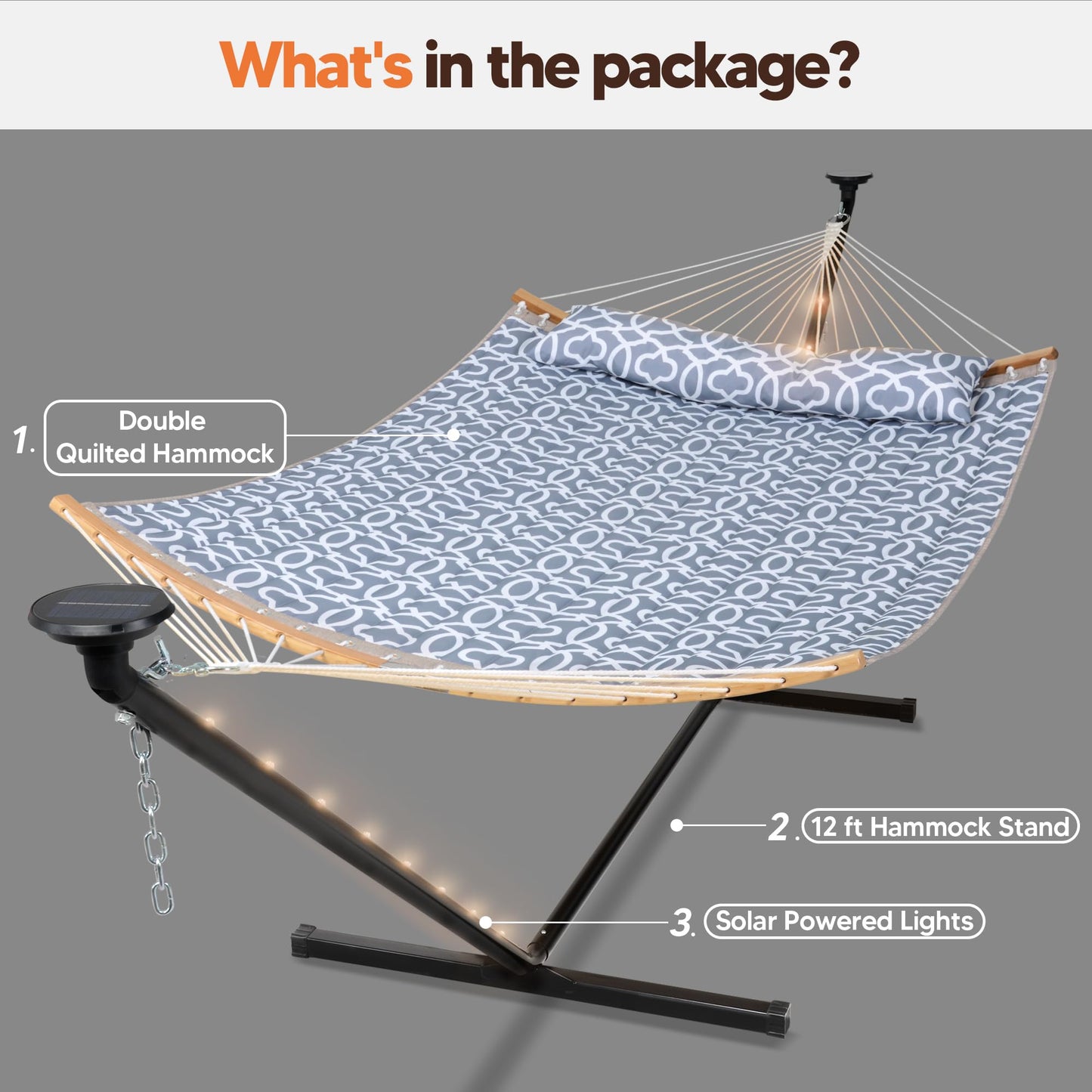 SUNCREAT Double Outdoor Hammock with 12 ft Stand, Solar Powered Lights, 2 Person Hammocks for Outside, Grey