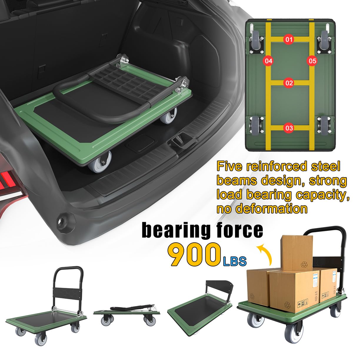 WUD Push Cart, Folding Mobile Platform Trolley,Thickened and Reinforced, 360° Swivel Wheels,30.3 “L x 19.7 ”W, 900 lb. Green Dolly cart with Wheels