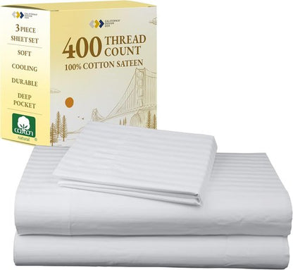 California Design Den Twin Sheet Set - 100% Soft Cotton, 400 Thread Count, Silky Smooth Sateen, Striped White
