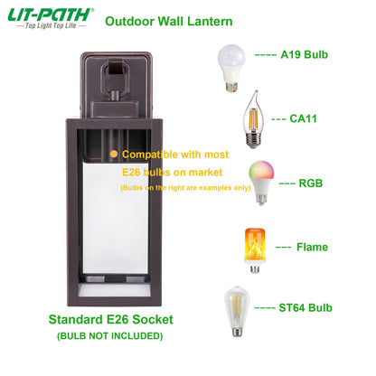 LIT-PaTH Outdoor Wall Lantern, E26 Max 60W, Anti-Rust Metal, Glass Shade, Oil Rubbed Bronze, Model LT-WL025, 1-Pack