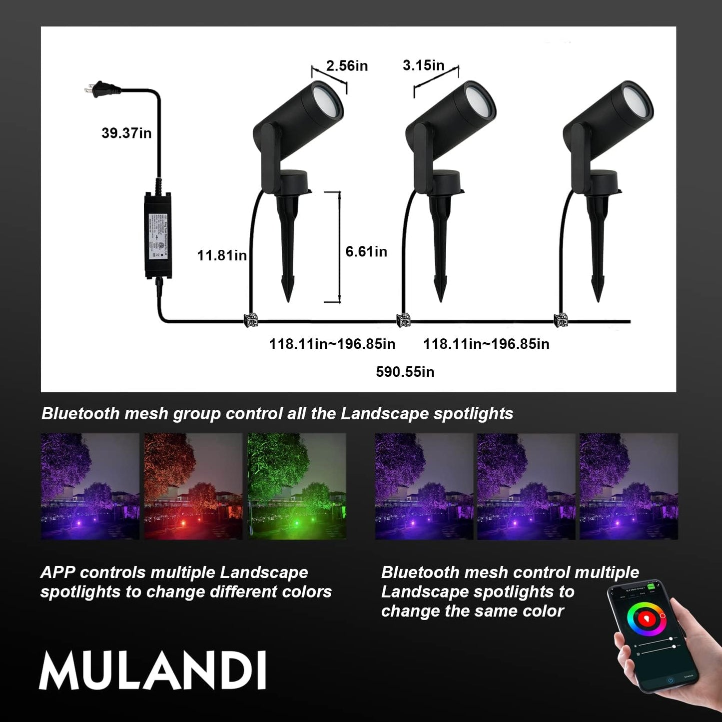 MULANDI Smart Landscape Lighting, 3 Pack RGBW Color Changing LED with App Control Waterproof Spotlight, Outdoor Yard Spot Lights with 36W Transformer & Timer, LED Lawn Light with Music Sync