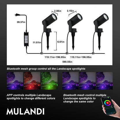 MULANDI Smart Landscape Lighting, 3 Pack RGBW Color Changing LED with App Control Waterproof Spotlight, Outdoor Yard Spot Lights with 36W Transformer & Timer, LED Lawn Light with Music Sync