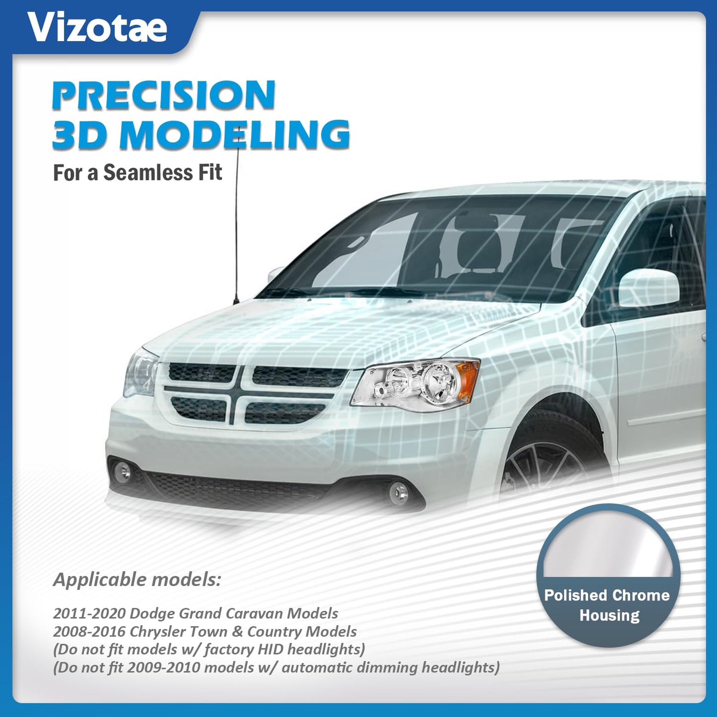 Vizotae Headlights Assembly for 2011-2020 Dodge Grand Caravan, for 2008-2016 Chrysler Town Country High/Low Beam with Bulbs, Passenger and Driver Side
