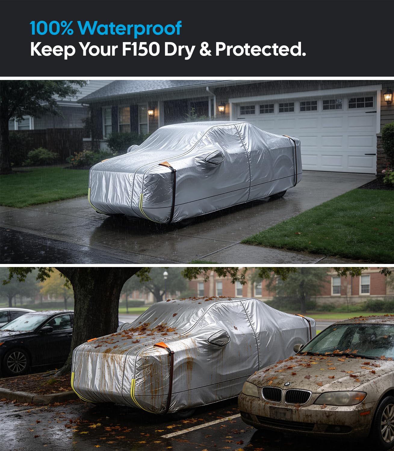 Wigoo Ford F150 F250 F350 F450 Truck Car Cover Accessories 2015-2026, Waterproof All Weather Outdoor Full Pickup Cover, Windproof UV Rain Snow Dust Protection, Door Zipper, Reflective Safety Strips