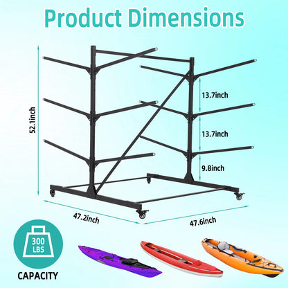 GCCSJ Kayak Storage Rack, 3-Leves Freestanding Kayak Stand with Wheels, Adjustable Canoes and Surfboards Bracket for Garage and Outdoor Kayak Racks