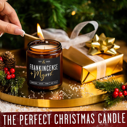 Frankincense and Myrrh Candle, Christmas Candles Scented - w/Spices, Frankincense & Myrrh - Infused with Essential Oils I Frankincense Candle I 9oz, 50Hr, Made in USA