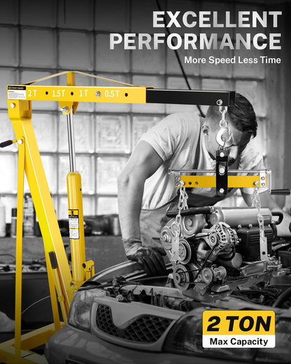 2 Ton Hydraulic Engine Hoist Crane with Lever, Folding Heavy-Duty Cherry Picker with 6 Locking Wheels & 4 Boom Positions, for Truck/SUV Engines, Garage Workshop, Industrial Lifting (Net Wt. 168 lbs)