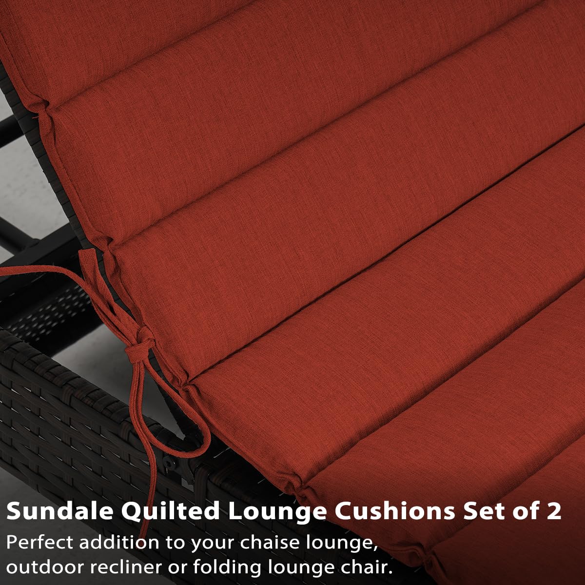 Sundale Outdoor Olefin Quilted Lounge Cushion Set of 2, Patio Foldable Chaise Lounger Cushion, Water-Resistant Lounge Chair Pad with Straps Red, 72 x 21 inches