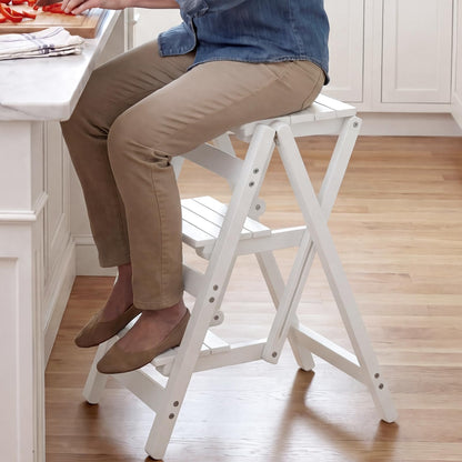 Step Stool for Adults/Step Ladder/Counter Chair, 3-Step Folding Portable Wooden Step Stool, Anti-Slip & Lightweight (White)