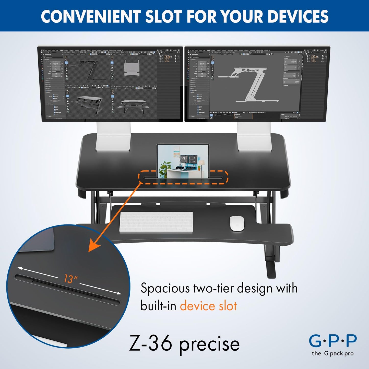 G-PACK PRO 36″ Wide Standing Desk Converter – Sit-to-Stand Workstation for Dual Monitors, Height Adjustable Up to 17.3″ with Large Keyboard Tray – Black