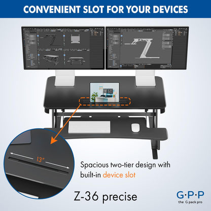 G-PACK PRO 36″ Wide Standing Desk Converter – Sit-to-Stand Workstation for Dual Monitors, Height Adjustable Up to 17.3″ with Large Keyboard Tray – Black