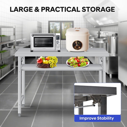 Stainless Steel Worktable 48x24 Inch, Folding Commercial Prep Table, 920 Lbs Load, Heavy-Duty Folding Table with Adjustable Undershelf & Feet, Double Tier Portable Workstation for Kitchen & Garage