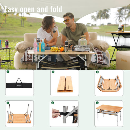 KingCamp Bamboo Folding Camping Table Adjustable. Supports 176lbs with A Premium Bamboo Top and 3 Adjustable Heights, Ideal for Stable Dining or Cooking at Picnics, RVs, and Glamping Sites