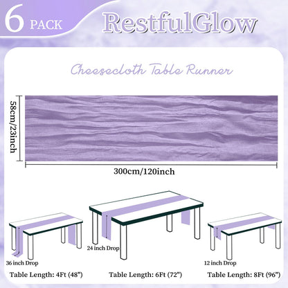 RestfulGlow 6 Pack Lavender Purple Cheesecloth Table Runner 10FT Boho Cheese Cloths Fabric Table Runners 120 Inch Rustic Sheer for Summer Wedding Birthday Party Baby Shower Home Decorations