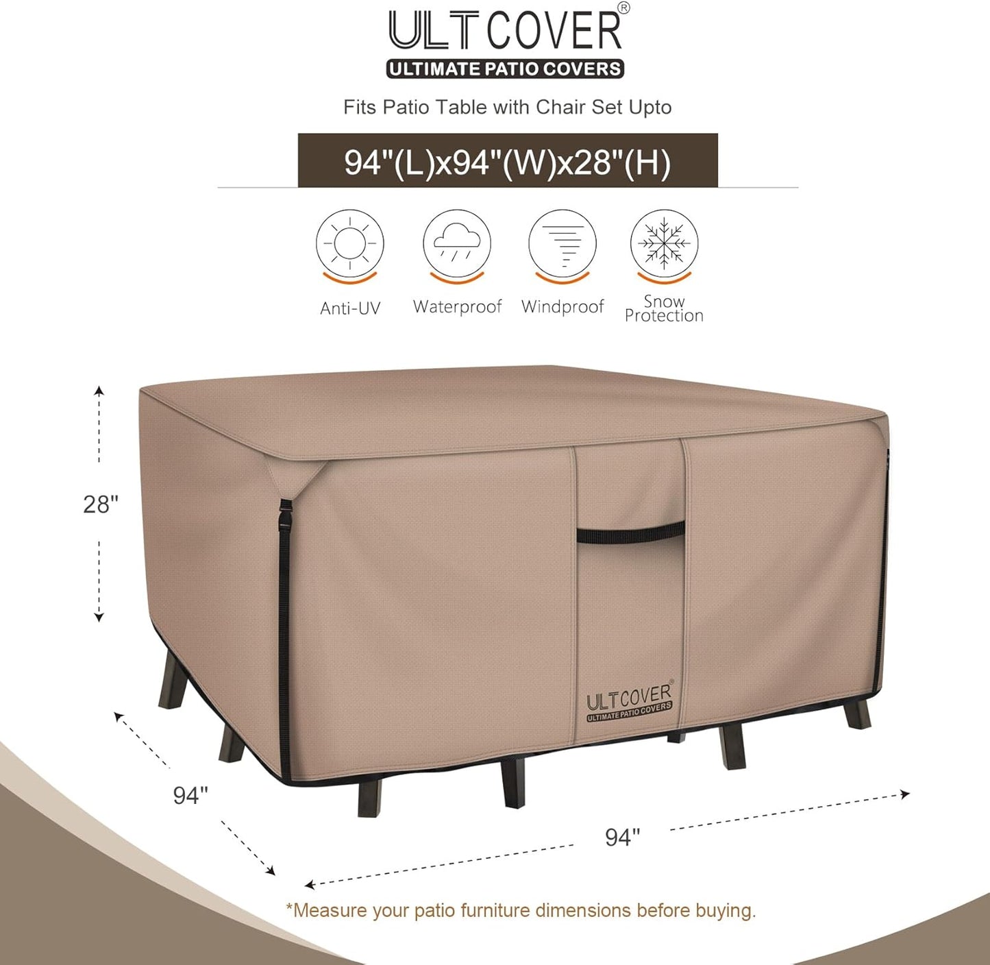ULTCOVER Square Patio Table Cover - Heavy Duty Waterproof 600D Canvas for 94-Inch Outdoor Furniture