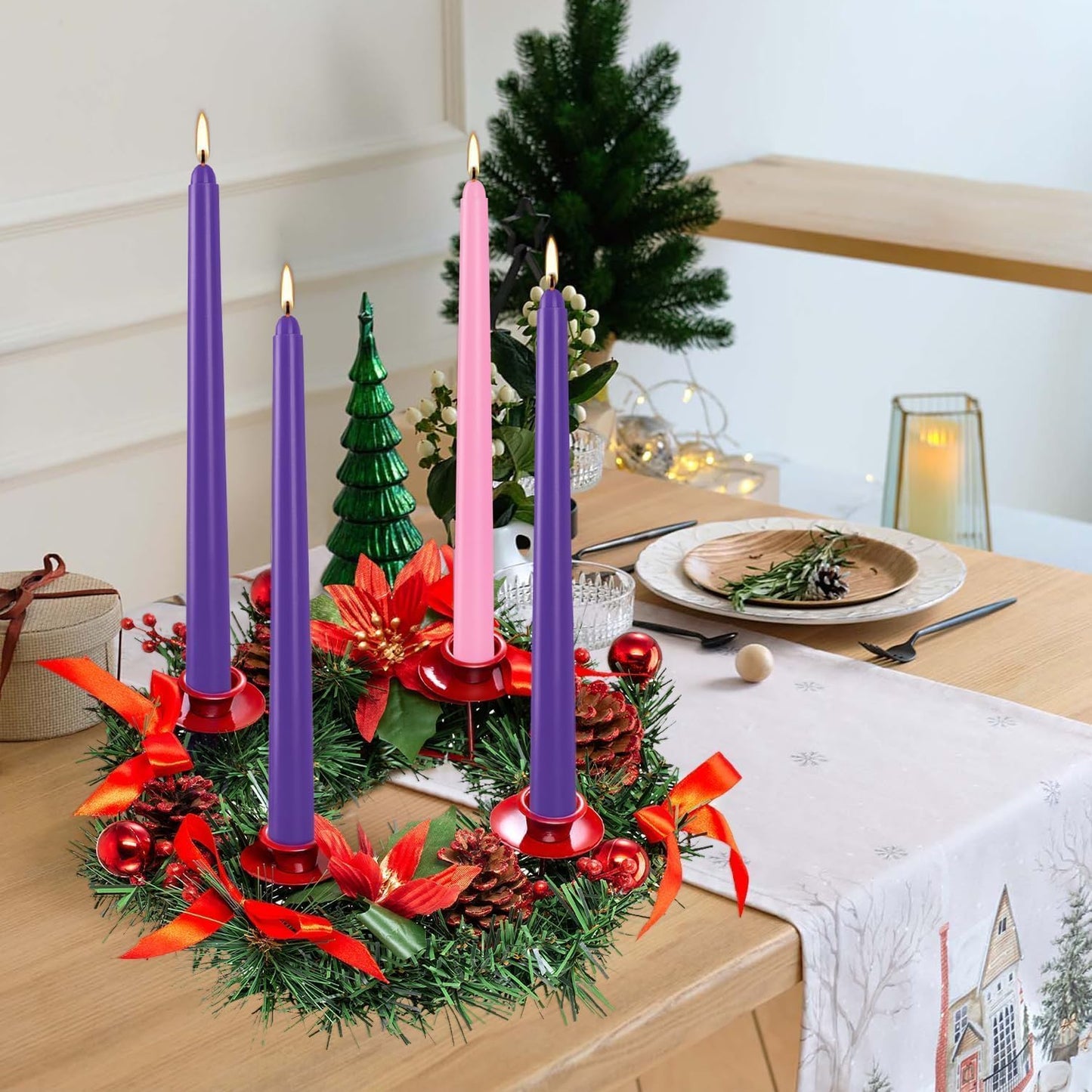 16-Pack Christmas Advent Candles (12 Purple & 4 Pink), 10 Inch Taper Candles for Holiday Decor - Unscented, Dripless & Long-Lasting for Church, Christmas, Weddings and Table Centerpieces