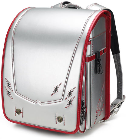 IwaiLoft Ransel Randoseru Backpack with Automatic Satchel for Boys, Japanese School Bag Embroidery PU Bookbag for Men Male (Lightning Silver)