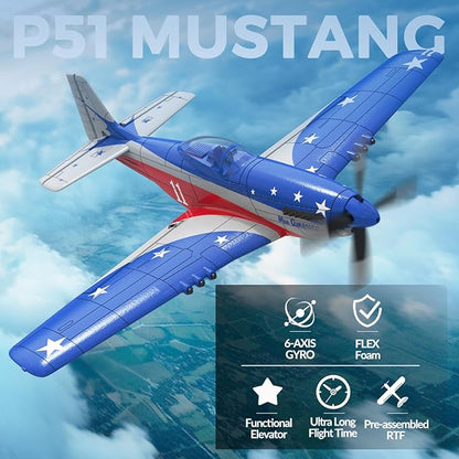 P51 Mustang RC Plane 4 Channel - 2.4G Remote Control Airplane for Adults with 3 Flight Modes to Learn RTF RC Airplane with X-Pilot Stabilization &amp One-Key Aerobatics for Beginners
