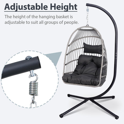 GDFStudio Outdoor Egg Hanging Chair with Stand, Patio Wicker Swing Egg Chair Indoor Outdoor Hammock Chair, 350 lbs Capacity, Black Gray